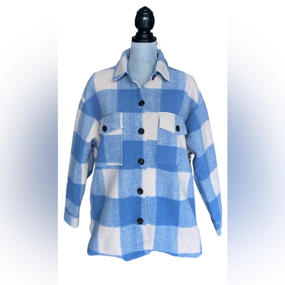 ELAN woman’s winter polyester oversized blue ivory plaid jacket front pockets